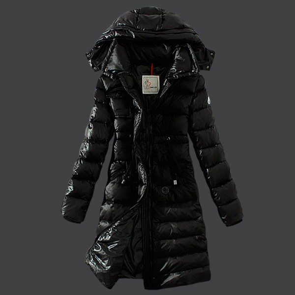 Moncler Donna sottile lungo Giù cappotto Nero Presa M1071